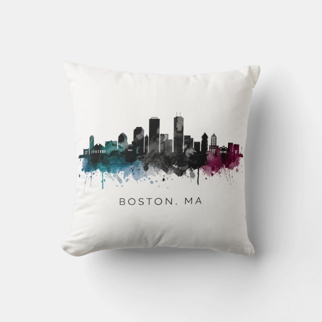 Massachusetts konst | Boston MA Siluett Vattenfärg Kudde (Framsida)