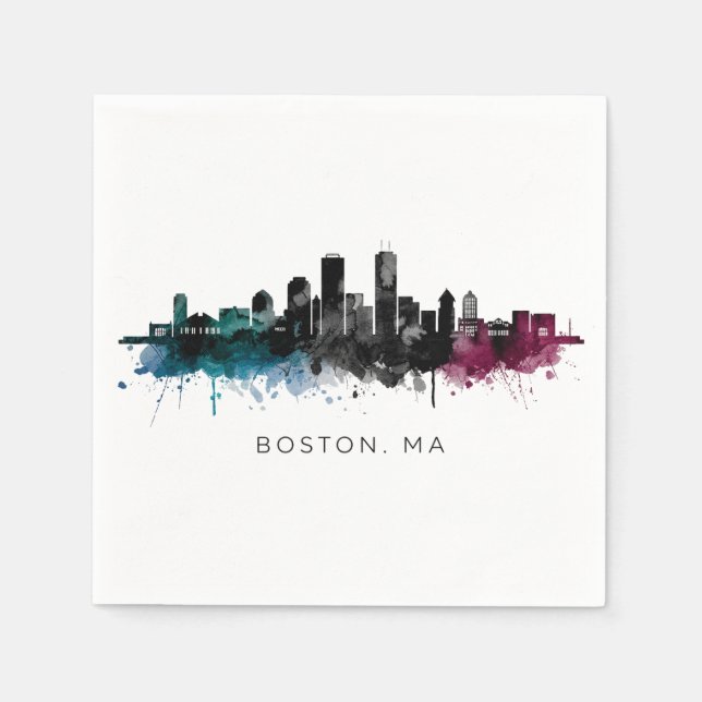 Massachusetts konst | Boston MA Siluett Vattenfärg Pappersservett (Framsidan)