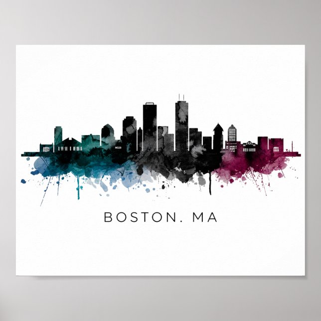 Massachusetts konst | Boston MA Siluett Vattenfärg Poster (Framsidan)