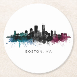 Massachusetts konst | Boston MA Siluett Vattenfärg Underlägg Papper Rund