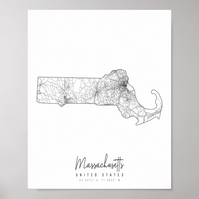 Massachusetts Minimal Street Karta Poster (Framsidan)