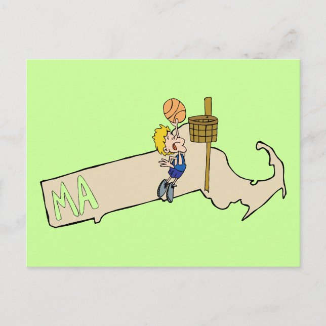 Massachusetts MORSA Karta & Basketball Tecknad Art Vykort (Framsida)