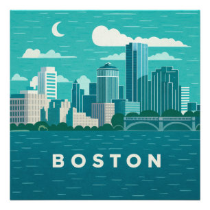 Massachusetts nattlig stadsscen Boston Stad Fototryck