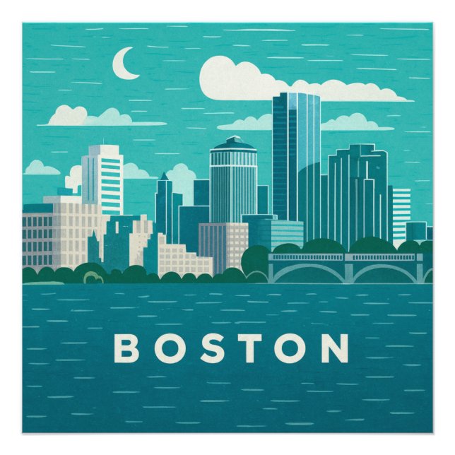 Massachusetts nattlig stadsscen | Boston Stad Fototryck (Framsidan)
