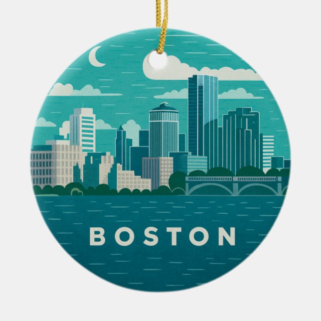 Massachusetts nattlig stadsscen | Boston Stad Julgransprydnad Keramik (Framsidan)