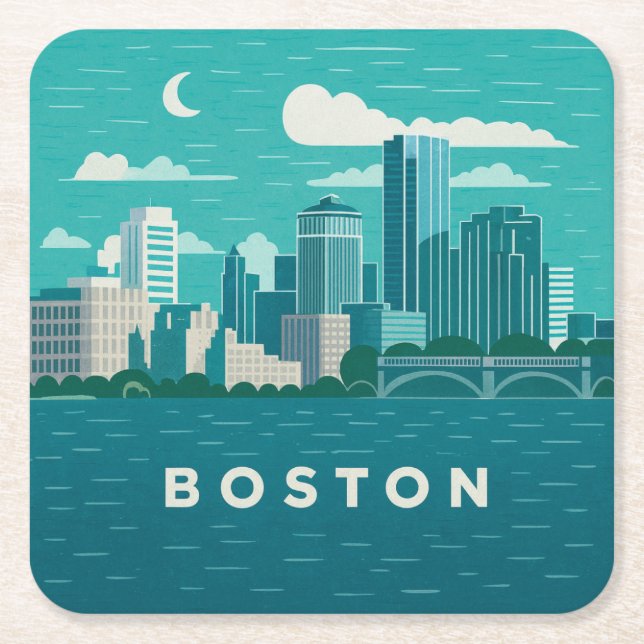 Massachusetts nattlig stadsscen | Boston Stad Underlägg Papper Kvadrat (Framsidan)