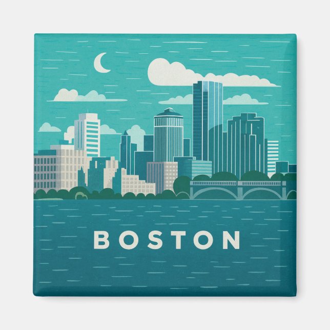 Massachusetts nattlig stadssiluett | Boston Skylin Magnet (Framsidan)