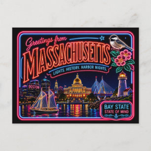 Massachusetts Neon Stat Retro Vintage Vykort
