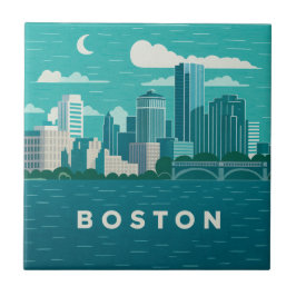 Massachusetts Night Cityscape | Boston City Kakelplatta