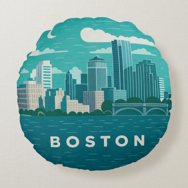 Massachusetts Night Cityscape | Boston City Rund Kudde (Framsidan)