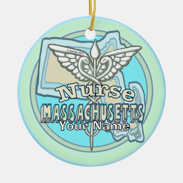 Massachusetts Nurse Caduceus Julgransprydnad Keramik (Framsidan)