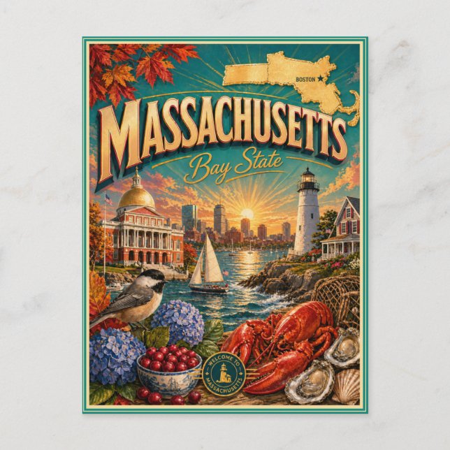 Massachusetts Retro Resa Souvenir Postkort Vykort (Framsida)