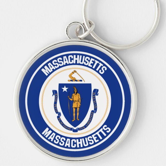 Massachusetts Round Emblem Rund Silverfärgad Nyckelring (Framsidan)