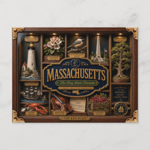 Massachusetts Shadow Box 3D Figurin Delstat Vykort