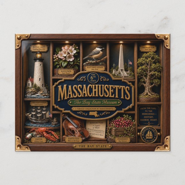 Massachusetts Shadow Box 3D Figurin Delstat Vykort (Framsida)