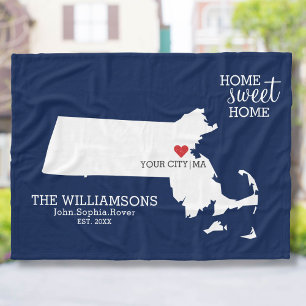 Massachusetts State Karta Custom Names, City, Färg Fleecefilt