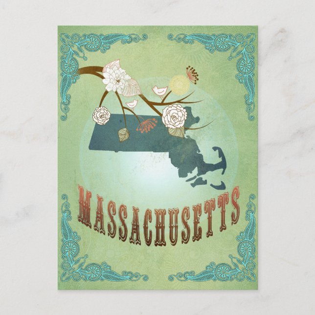 Massachusetts State Karta - Grönt Vykort (Framsida)
