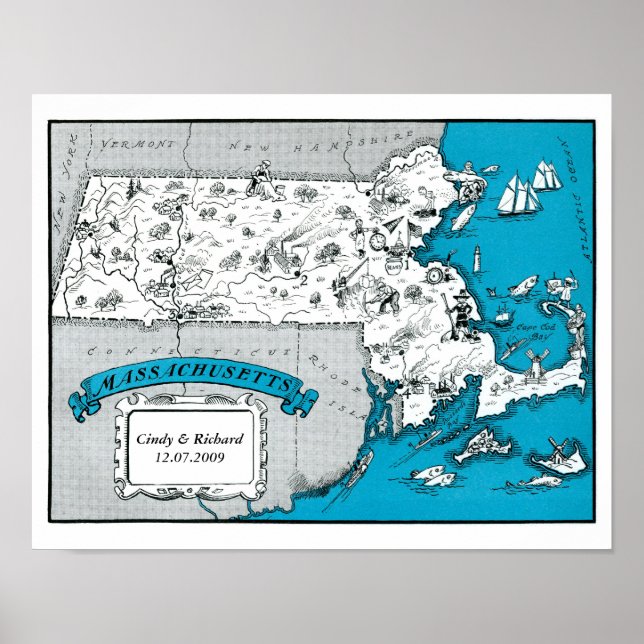 Massachusetts State Karta Wall Art Poster (Framsidan)