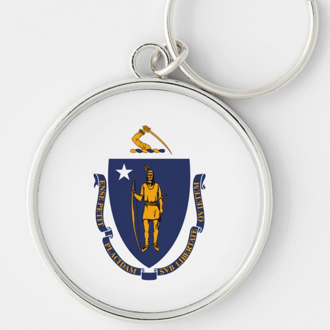 Massachusetts Statlig flagga Design Rund Silverfärgad Nyckelring (Framsidan)