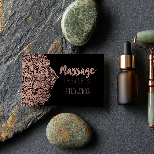 Massage för Faux ro guld boho blommigt mandala Visitkort (Faux rose gold boho floral mandala massage business card)