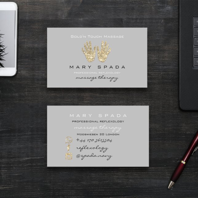 Massage Reflexology Glitter Händer Reiki Grått Gul Visitkort (Massage Reflexology Glitter Hands Reiki Gray Gold Business Card)