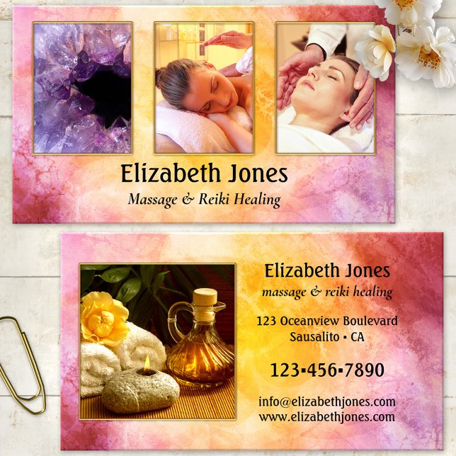 Massage Reiki Healing Photo Affärskort Visitkort (Business card featuring your photos framed by an abstract artistic ocher purple background)