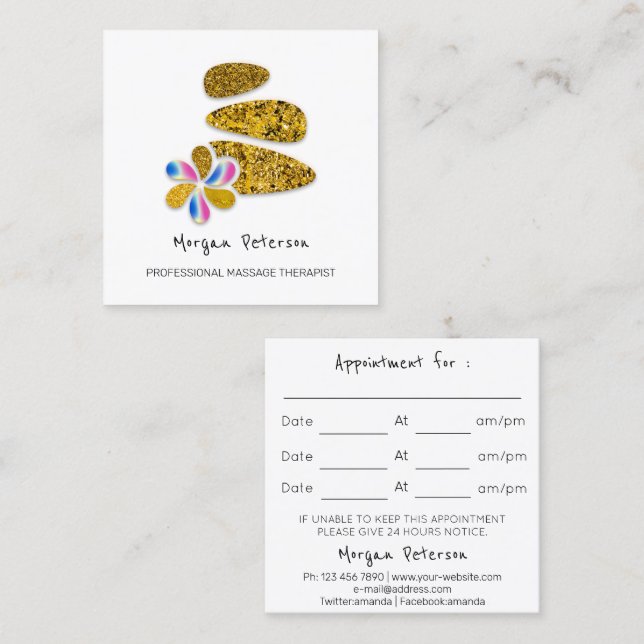 Massage Spa Hälsa Flower Glitter Guld Logotyp Tidsbeställning Kort (Fram/baksida)