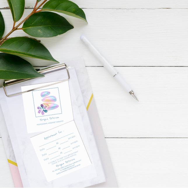 Massage Spa Hälsa Flower Stone Blue White Logotyp Tidsbeställning Kort (Massage Spa Wellness Flower Stone Blue White Logo Appointment Card)