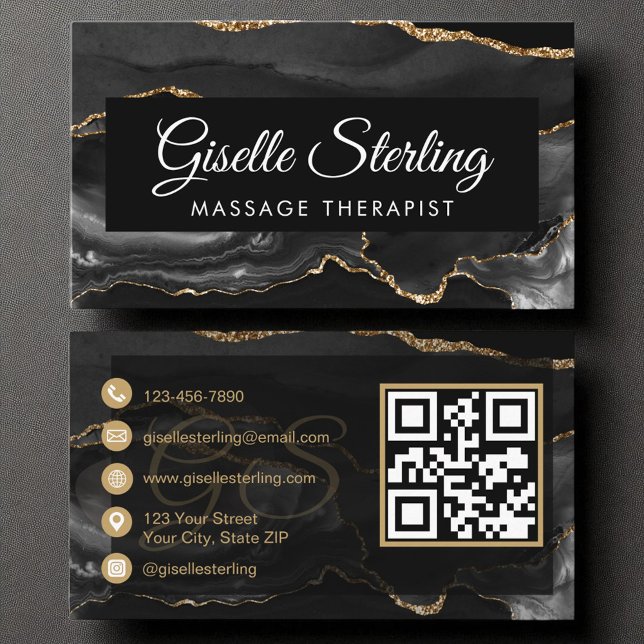 Massage Therapist Artist QR Code Black Guld Agate Visitkort (Skapare uppladdad)