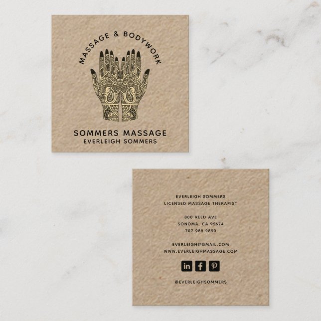 Massage Therapist Body Work Mehndi Henna Kraft Squ Fyrkantigt Visitkort (Fram/baksida)