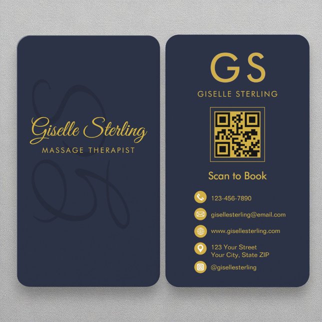 Massage Therapist Monogram Navy Blue Guld QR-kod Visitkort (Skapare uppladdad)