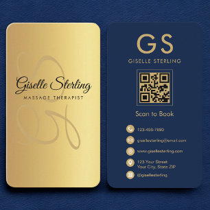 Massage Therapist Navy Blue Guld QR Code Monogram Visitkort