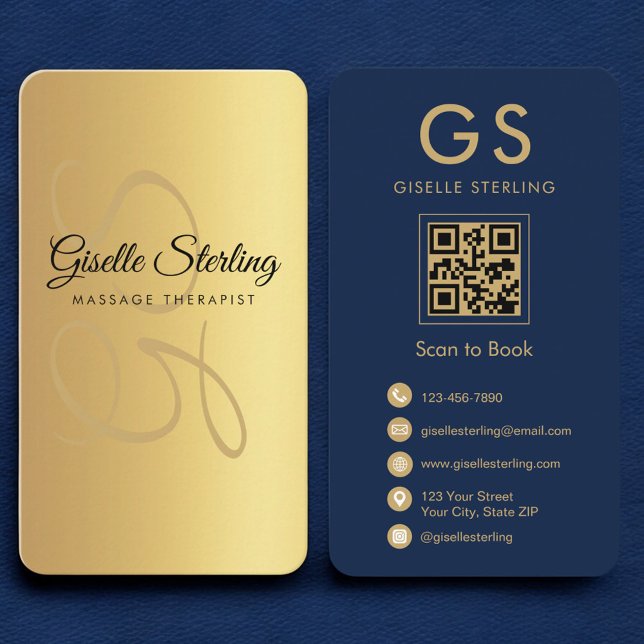 Massage Therapist Navy Blue Guld QR Code Monogram Visitkort (Skapare uppladdad)