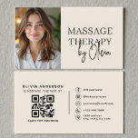 Massage Therapist Neutral Beige Photo QR Code Visitkort<br><div class="desc">Promote your wellness practice with this massage therapist neutral beige photo QR code business card. The soft beige tone creates a calm, professional look while the photo layout highlights your brand visually. An integrated QR code allows clients to quickly access booking links, contact information, or your website. Ideal for massage...</div>