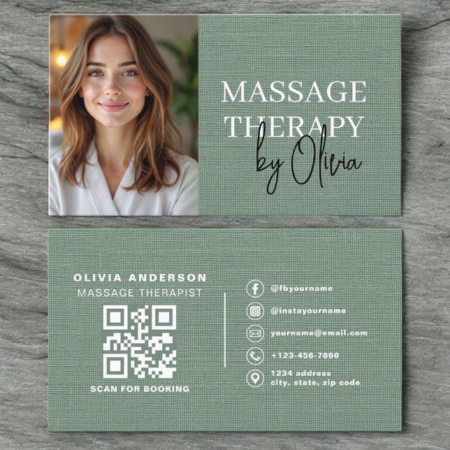 Massage Therapist Photo Linen Sage Green  Visitkort (Skapare uppladdad)