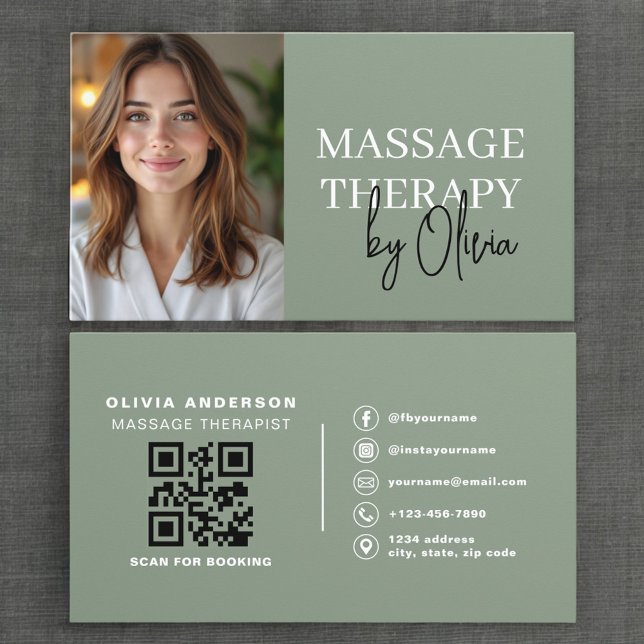 Massage Therapist Photo Luxury Sage Green  Visitkort (Skapare uppladdad)