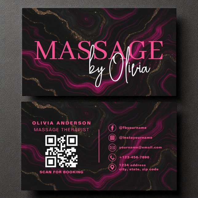 Massage Therapist QR Shock rosa Agate Marble Visitkort (Skapare uppladdad)