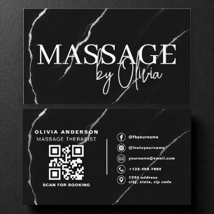 Massage Therapist QR Silver Black Marble Visitkort
