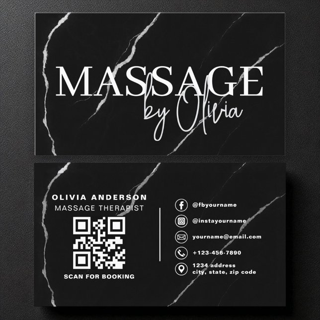 Massage Therapist QR Silver Black Marble Visitkort (Skapare uppladdad)