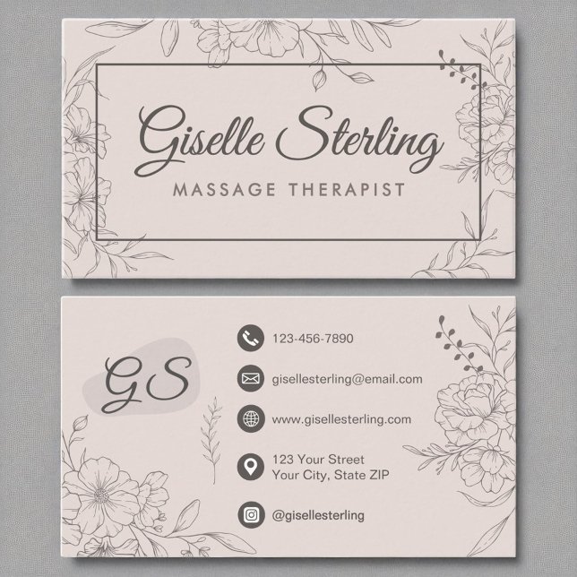 Massage Therapist  Rosa Blommigt Line Art Visitkort (Skapare uppladdad)
