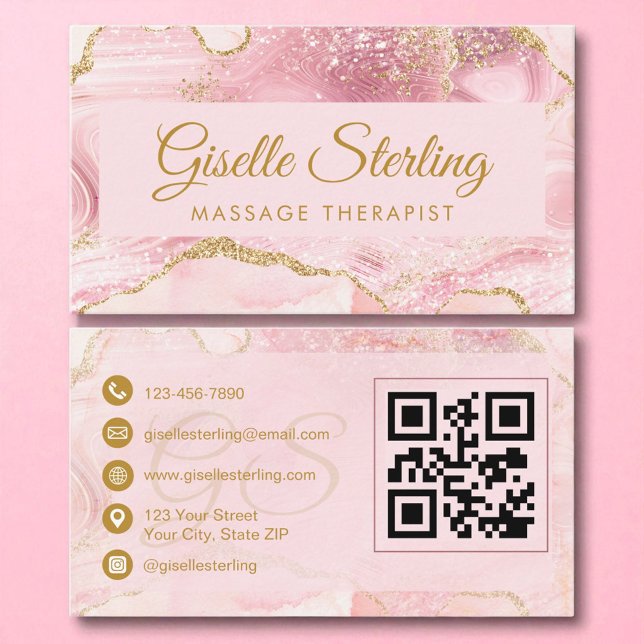 Massage Therapist  Rosa Guld Agate QR-kod Visitkort (Skapare uppladdad)