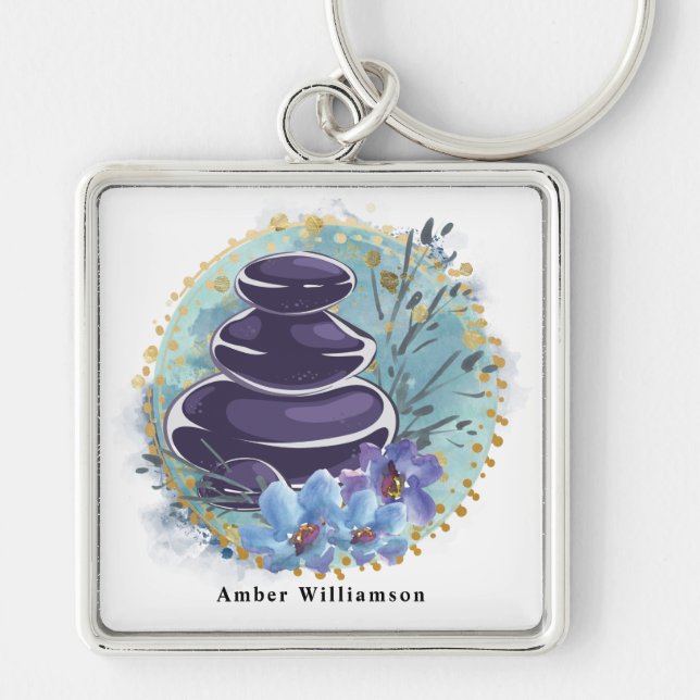 Massage Therapist Salon Spa Stylist Zen Stones Fyrkantig Silverfärgad Nyckelring (Framsidan)