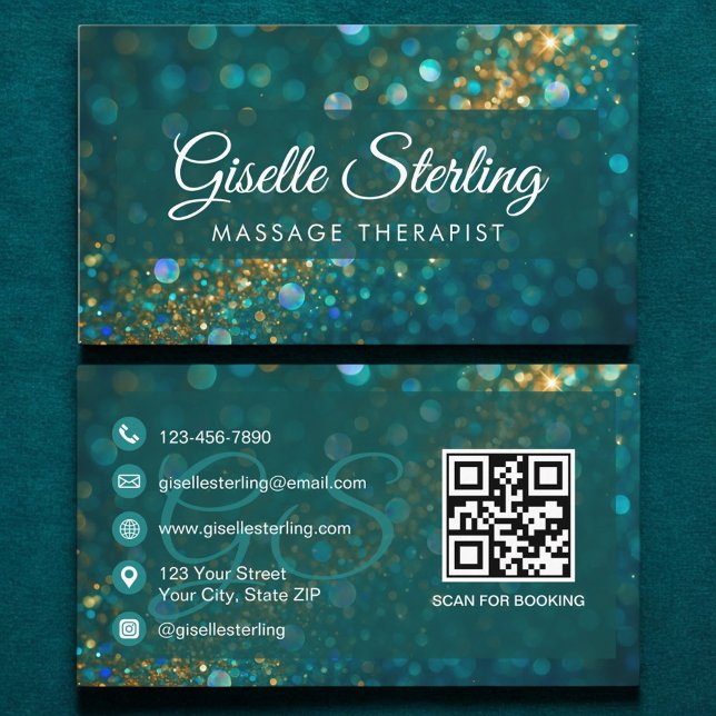 Massage Therapist Teal Guld Glitter Opal QR- kod Visitkort (Skapare uppladdad)