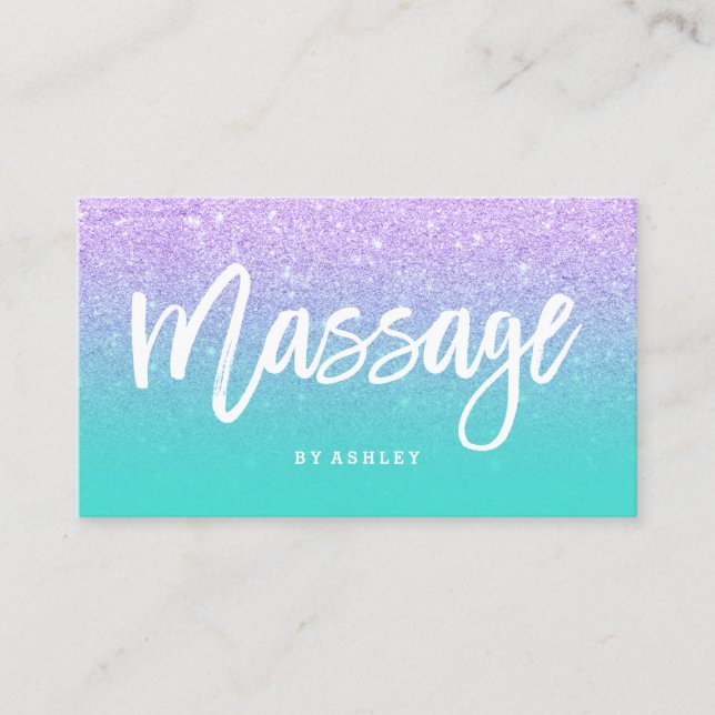Massage typography lavender glitter turquise visitkort (Framsida)
