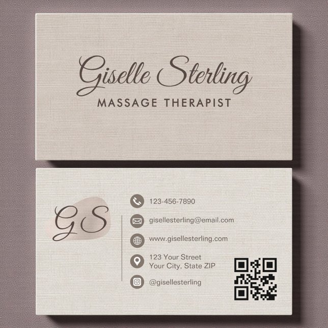 Massageterapeut Beige Linne Elegant QR-kod Visitkort (Skapare uppladdad)