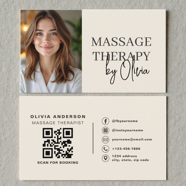 Massageterapeut Neutral Beige Foto QR-kod Visitkort (Skapare uppladdad)