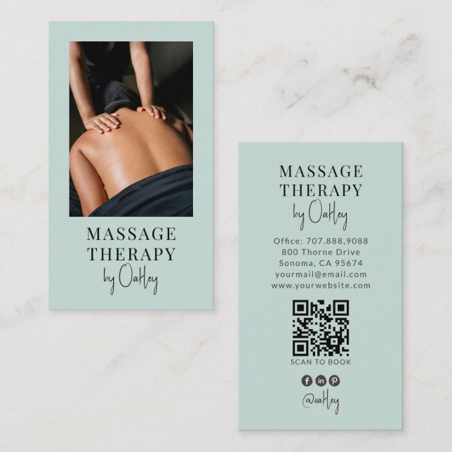 Massageterapeut QR-kod Blågrön Foto  Visitkort (Fram/baksida)