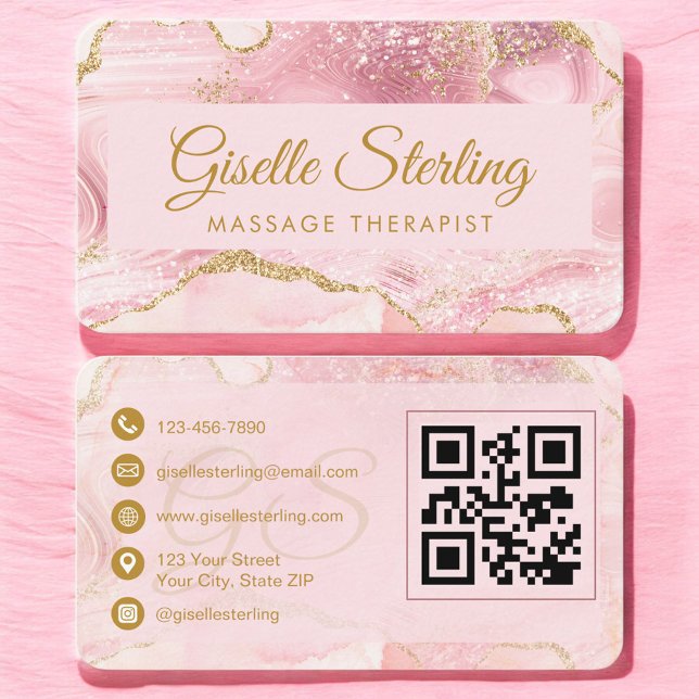 Massageterapeut Rosa Guld Agat QR-kod Visitkort (Skapare uppladdad)