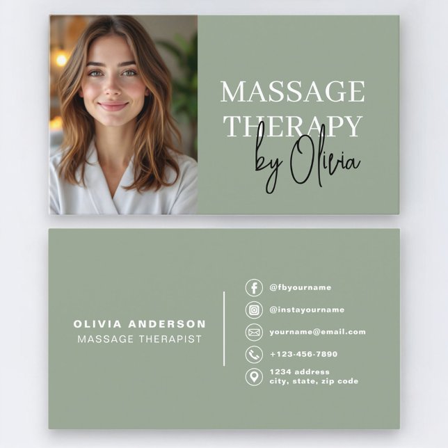 Massageterapeut Sage Green Foto Visitkort (Skapare uppladdad)