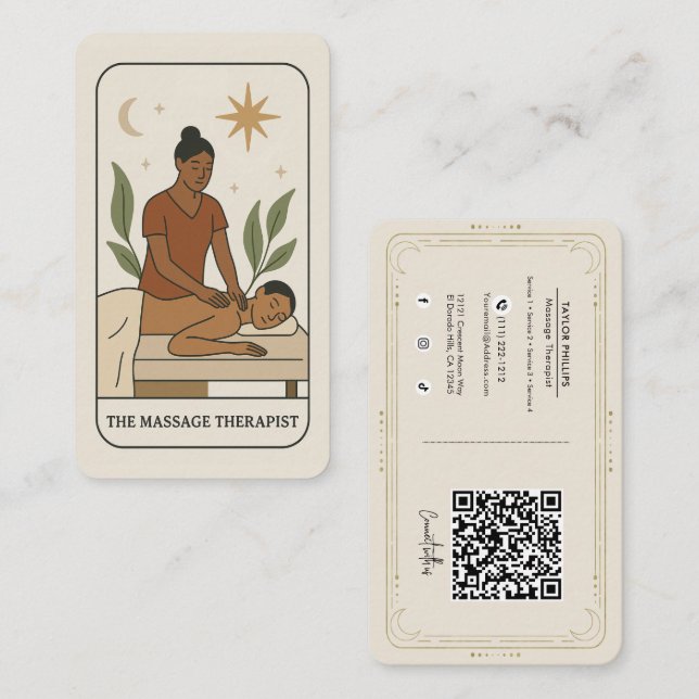 Massageterapeut Tarot Sociala Medier QR Visitkort (Fram/baksida)